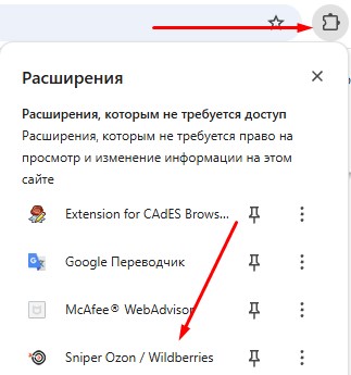 Панель управления расширениями в браузере